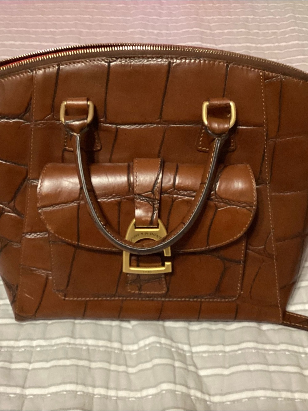 Dooney & Bourke Croc-Embossed Brown Leather Satchel with Gold Hardware